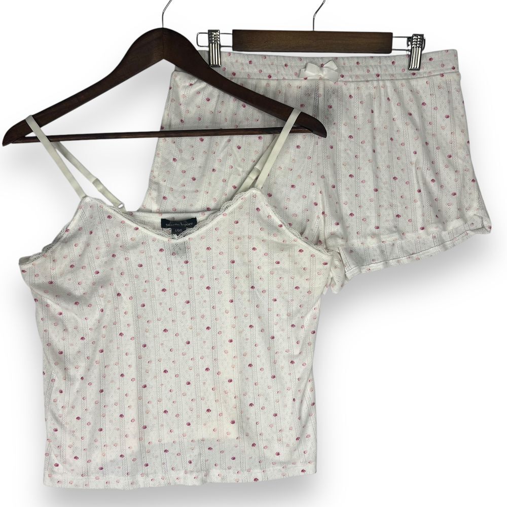 Nanette Lepore Pajama Set Cami Top Shorts Lingerie Sleepwear White Pink Dot L